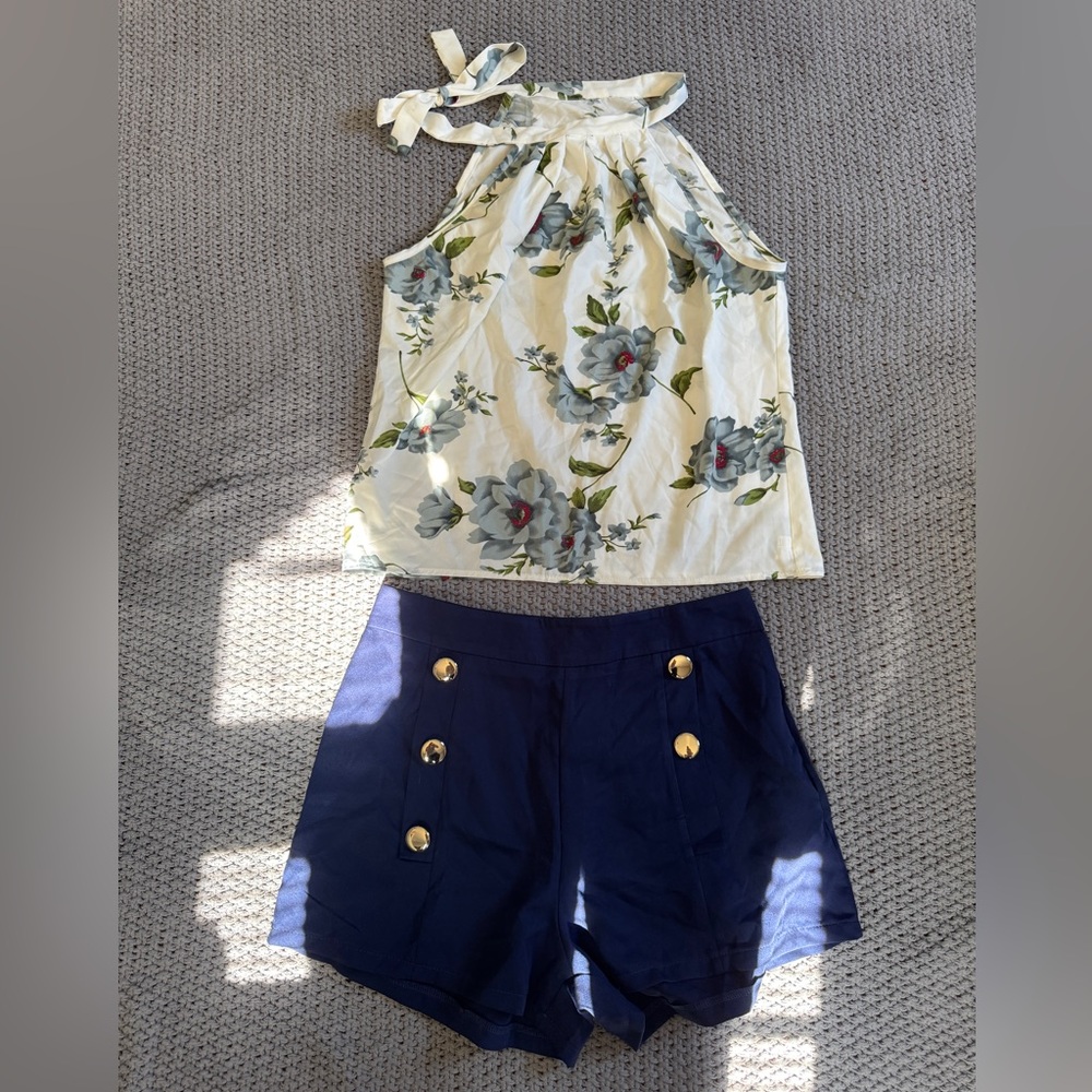 SHEIN Floral Halter Top With Tie Detail and Navy Blue Shorts Set Large